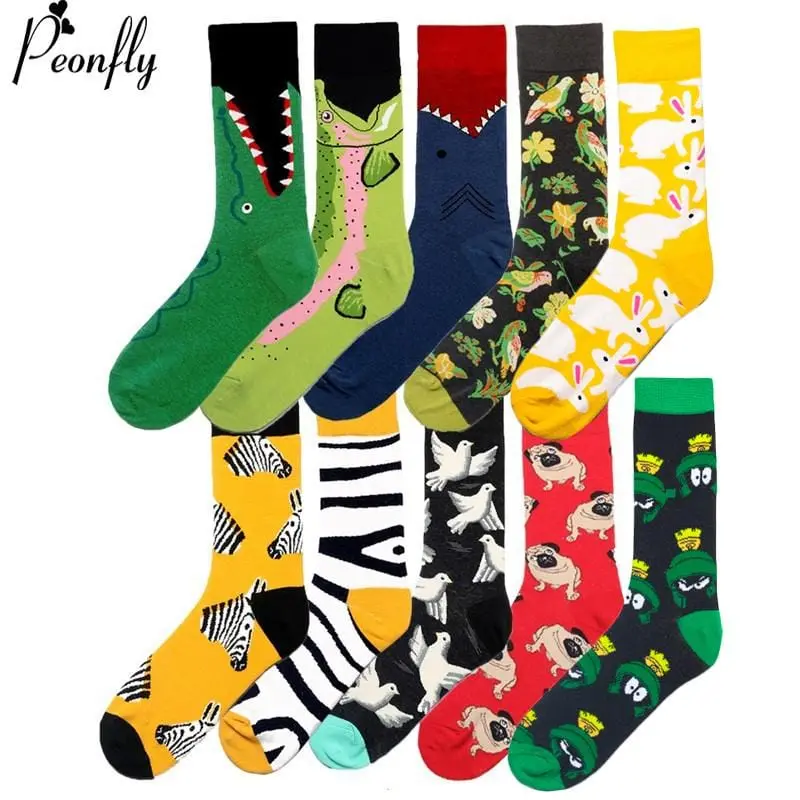 Peonfly Men Fashion Printing Cartoon Crocodile Shark Zebra Dog Sloth Koala Flower Bird Colorful Socks Soft Comfort Cotton Socks 1