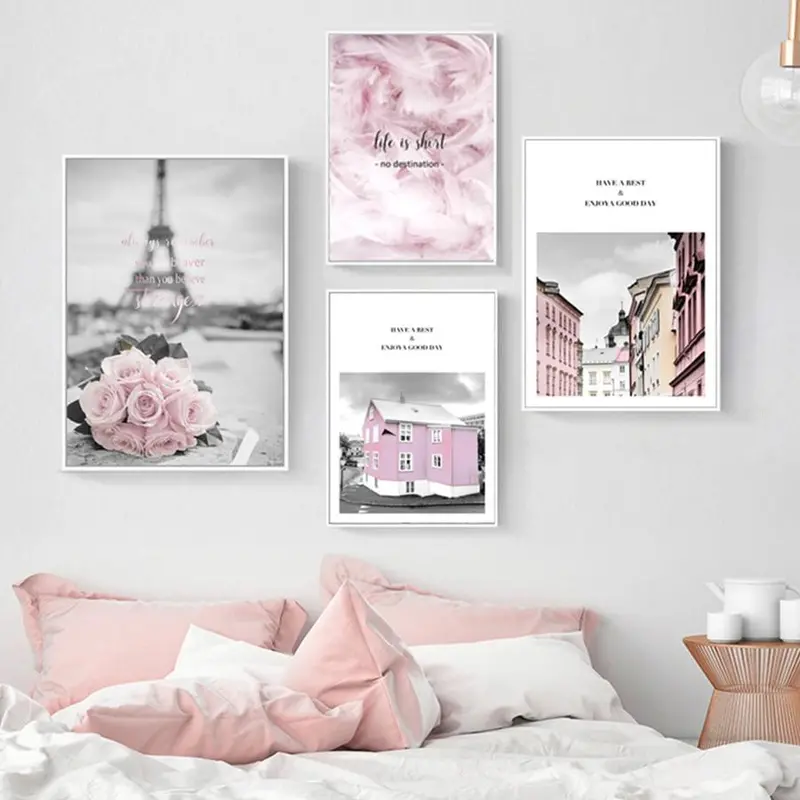 Pink Flower Posters Paris Tower Picture Nordic Canvas Painting For Living Room Girls Bedroom Wall Art Prints Fashion Home Decor 1