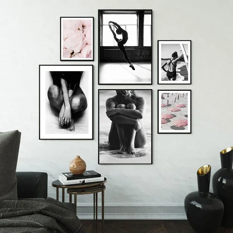 Pink Umbrella Dancing Girl Poster On The Wall Sitting Girl On The Beach Painting Home Decor Feature Decorative Picture Unframed 1