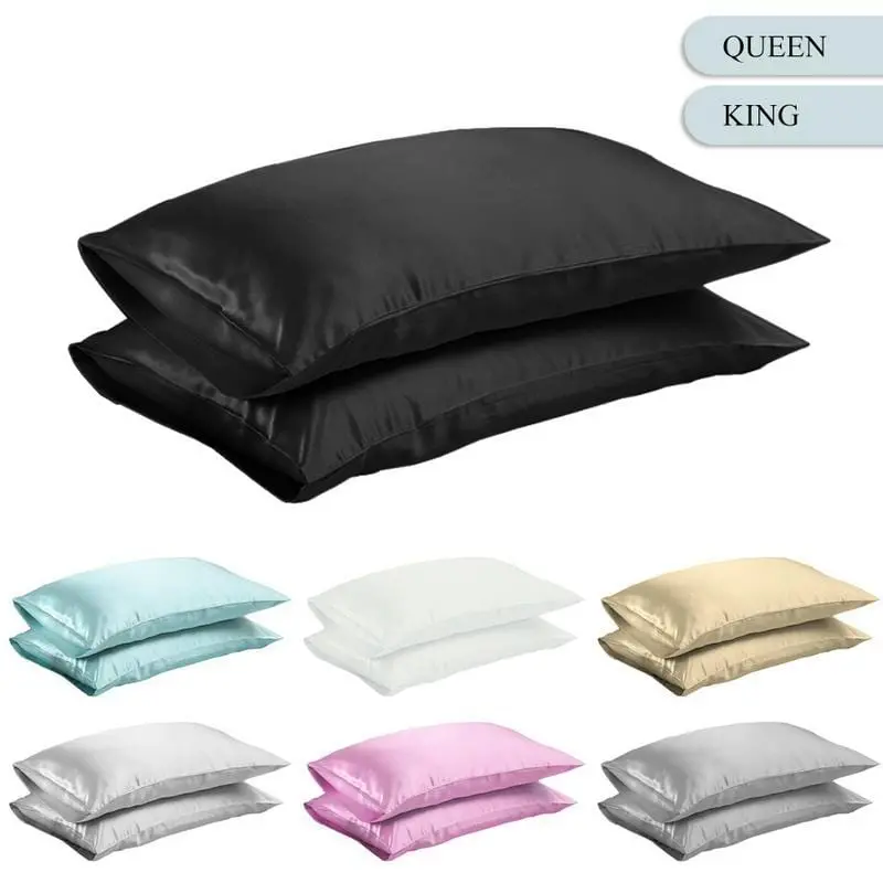 Queen/King Silk Satin Pillow Case Bedding Pillowcase Smooth Home White Black Grey Khaki Sky Blue Pink Sliver 1