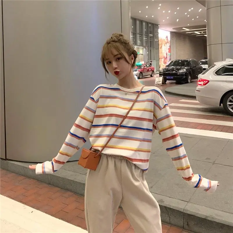 Rainbow T Shirt Women Striped Kawaii Clothes Harajuku Korean Style Streetwear Aesthetic Long Sleeve Fall Roupas Feminina O Neck 1