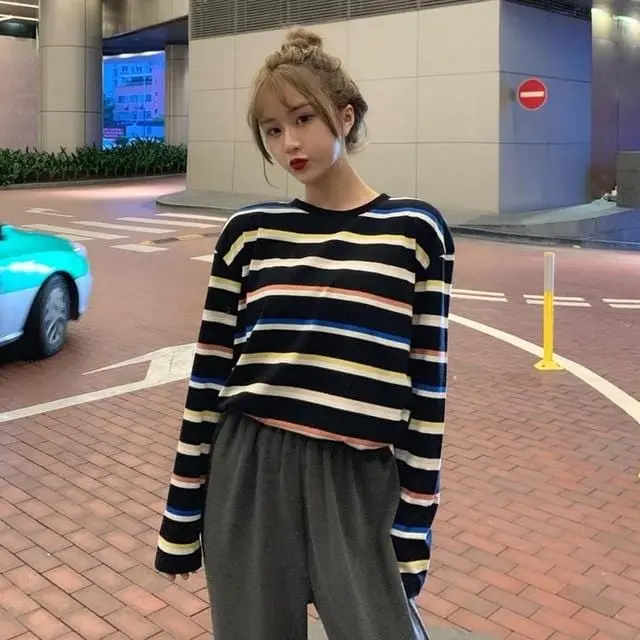 Rainbow T Shirt Women Striped Kawaii Clothes Harajuku Korean Style Streetwear Aesthetic Long Sleeve Fall Roupas Feminina O Neck 2