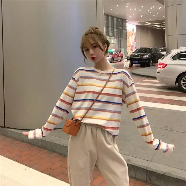 Rainbow T Shirt Women Striped Kawaii Clothes Harajuku Korean Style Streetwear Aesthetic Long Sleeve Fall Roupas Feminina O Neck 3