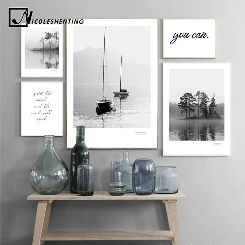 Scandinavian Landscape Canvas Poster Nordic Style Lake Boat Forest Nature Wall Art Print Painting Decoration Pictures Home Decor 1