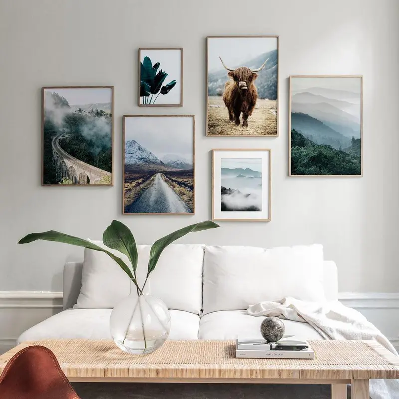 Scandinavian Poster Nature Fog Highland Cow Mountain Scenery Wall Art Canvas Print Landscape Painting Nordic Decoration Pictures 1