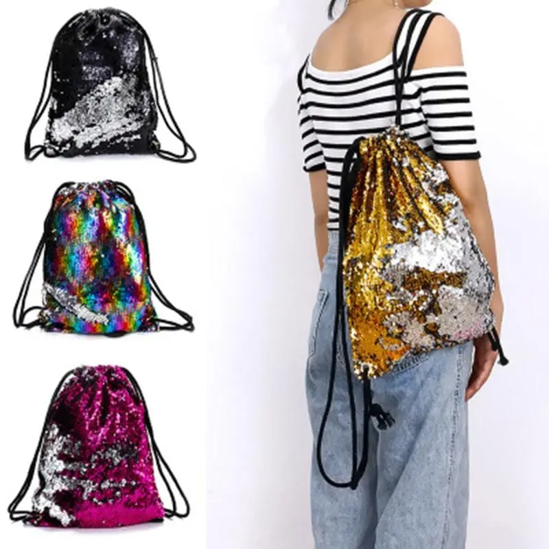 Sequin Drawstring Bags Reversible Sequin Backpack Glittering Shoulder Bags For Girls Women New 1