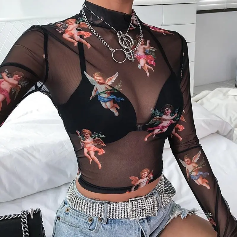 Sexy Transparent Bodycon Long Sleeve T-Shirt Angel Print Cropped Tshirt Mesh Tops Slim Ladies Turtleneck T-Shirt Streetwear Tops 1