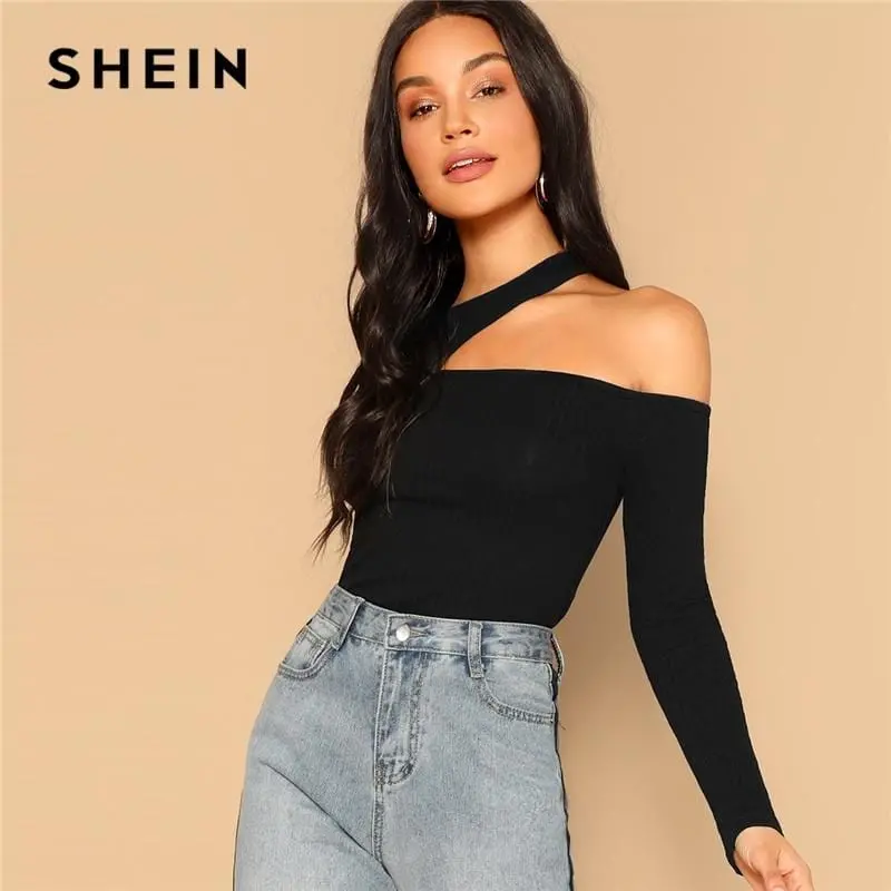Shein Asymmetric Cutout Neck Ribbed T-Shirt 2019 Women Elegant Spring Plain Long Sleeve Slim Fit Party Tee And Tops 1
