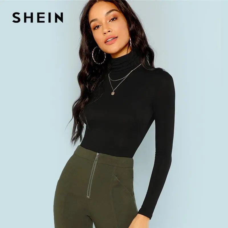 Shein Black Turtleneck Slim Fit T-Shirt Workwear Office Ladies Plain High Neck Long Sleeve Tee Women Autumn Minimalist Tee 1