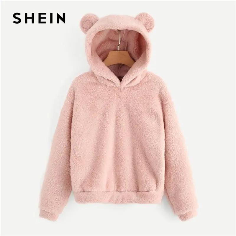 Shein Preppy Lovely With Bears Ears Solid Teddy Hoodie Pullovers Sweatshirt Autumn Women Campus Casual Sweatshirts 1