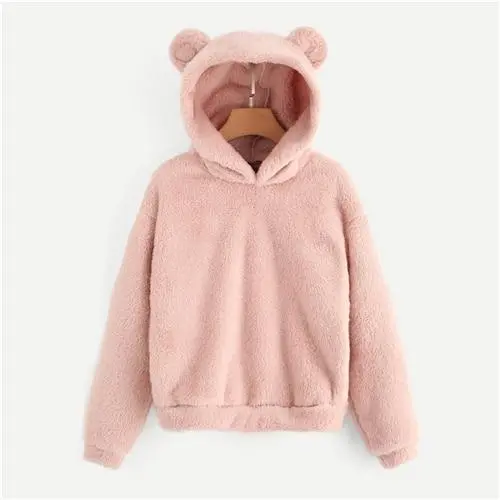 Shein Preppy Lovely With Bears Ears Solid Teddy Hoodie Pullovers Sweatshirt Autumn Women Campus Casual Sweatshirts 6