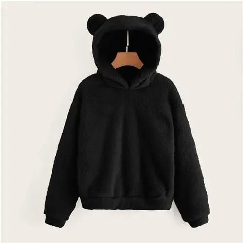 Shein Teddy-Bear-Ear Hoodie for Women – Soft Solid Pullover Sweatshirt with Campus-Casual Charm