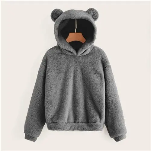 Shein Teddy-Bear-Ear Hoodie for Women – Soft Solid Pullover Sweatshirt with Campus-Casual Charm