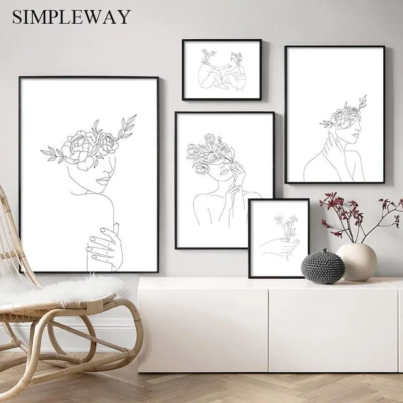 Simplicity Line Drawing Poster And Print Black White Abstract Flower Woman Artwork Canvas Painting Wall Art Picture Home Decor 1