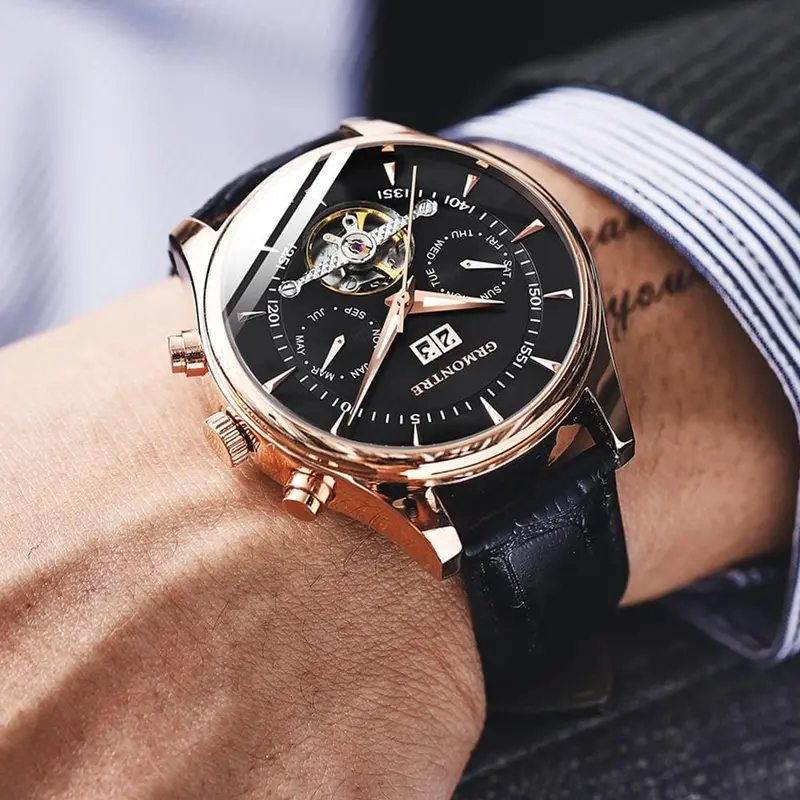 Skeleton Tourbillon Mechanical Watch Men Automatic Classic Rose Gold Leather Mechanical Wrist Watches Reloj Hombre 2018 Luxury 1