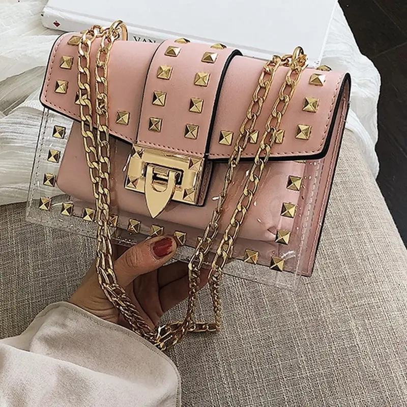 Small Clear Brand Designer Woman 2020 New Fashion Messenger Bag Chains Shoulder Bag Female Rivets Transparent Square Pu Handbag 1