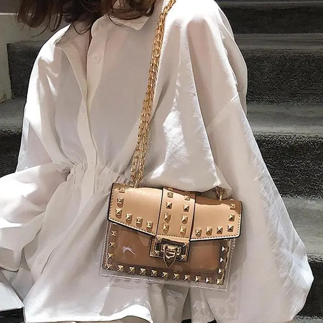 Small Clear Brand Designer Woman 2020 New Fashion Messenger Bag Chains Shoulder Bag Female Rivets Transparent Square Pu Handbag 10