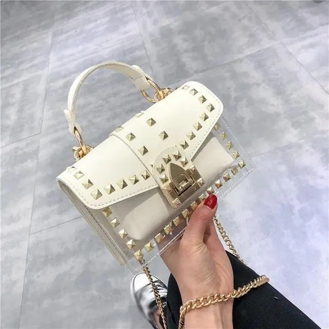 Small Clear Brand Designer Woman 2020 New Fashion Messenger Bag Chains Shoulder Bag Female Rivets Transparent Square Pu Handbag 11