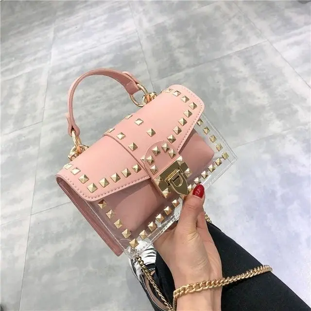 Small Clear Brand Designer Woman 2020 New Fashion Messenger Bag Chains Shoulder Bag Female Rivets Transparent Square Pu Handbag 12
