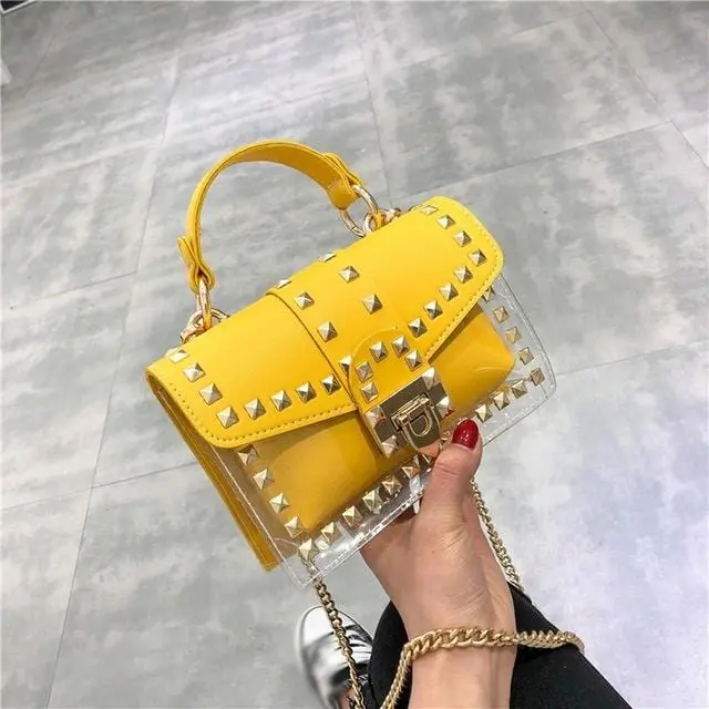 Small Clear Brand Designer Woman 2020 New Fashion Messenger Bag Chains Shoulder Bag Female Rivets Transparent Square Pu Handbag 12