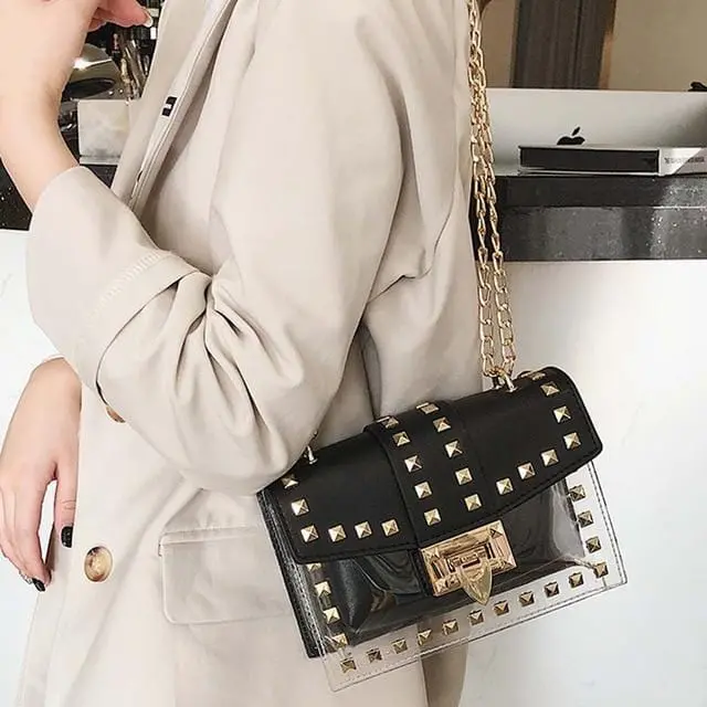 Small Clear Brand Designer Woman 2020 New Fashion Messenger Bag Chains Shoulder Bag Female Rivets Transparent Square Pu Handbag 13