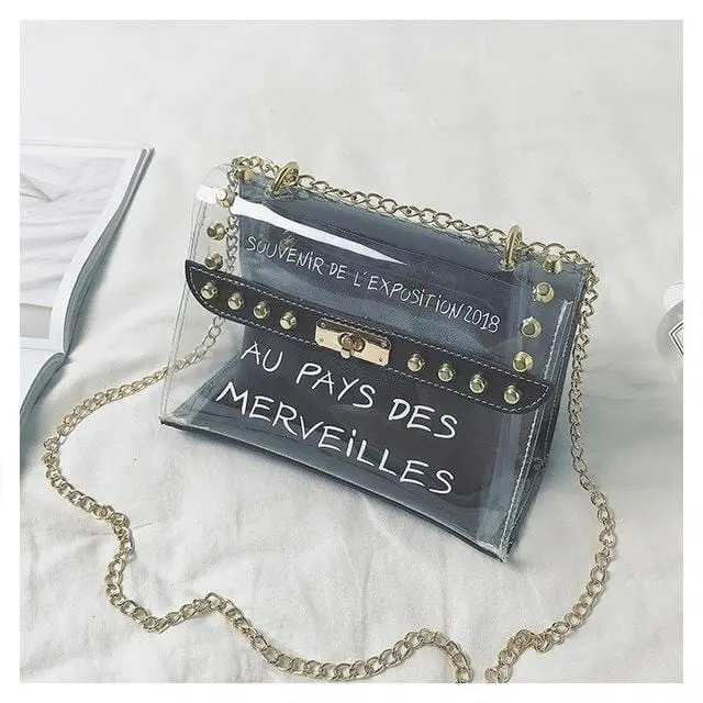 Small Clear Brand Designer Woman 2020 New Fashion Messenger Bag Chains Shoulder Bag Female Rivets Transparent Square Pu Handbag 14