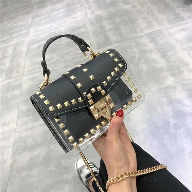 Small Clear Brand Designer Woman 2020 New Fashion Messenger Bag Chains Shoulder Bag Female Rivets Transparent Square Pu Handbag 14