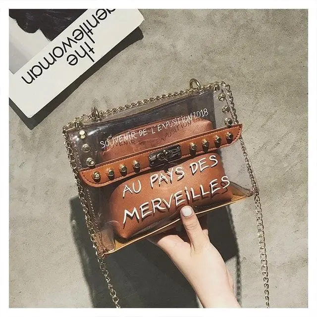 Small Clear Brand Designer Woman 2020 New Fashion Messenger Bag Chains Shoulder Bag Female Rivets Transparent Square Pu Handbag 3