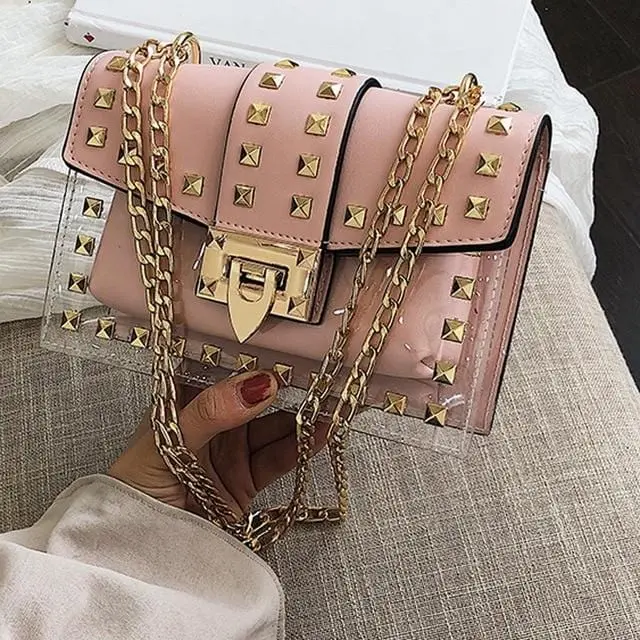 Small Clear Brand Designer Woman 2020 New Fashion Messenger Bag Chains Shoulder Bag Female Rivets Transparent Square Pu Handbag 5