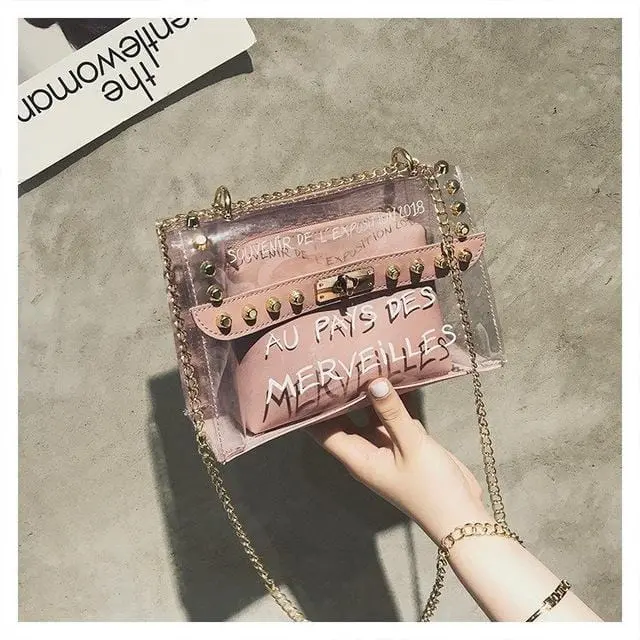 Small Clear Brand Designer Woman 2020 New Fashion Messenger Bag Chains Shoulder Bag Female Rivets Transparent Square Pu Handbag 6