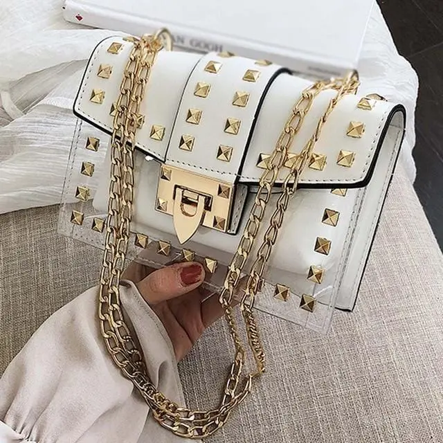 Small Clear Brand Designer Woman 2020 New Fashion Messenger Bag Chains Shoulder Bag Female Rivets Transparent Square Pu Handbag 7