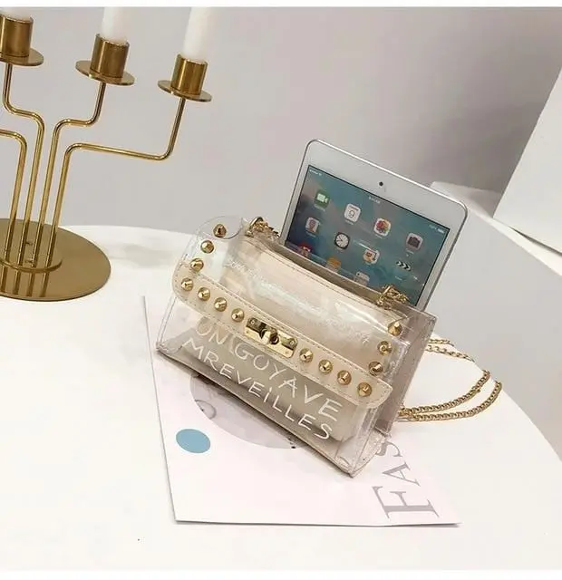 Small Clear Brand Designer Woman 2020 New Fashion Messenger Bag Chains Shoulder Bag Female Rivets Transparent Square Pu Handbag 8