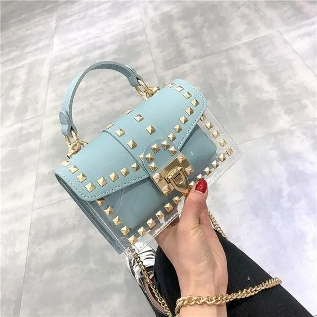 Small Clear Brand Designer Woman 2020 New Fashion Messenger Bag Chains Shoulder Bag Female Rivets Transparent Square Pu Handbag 9