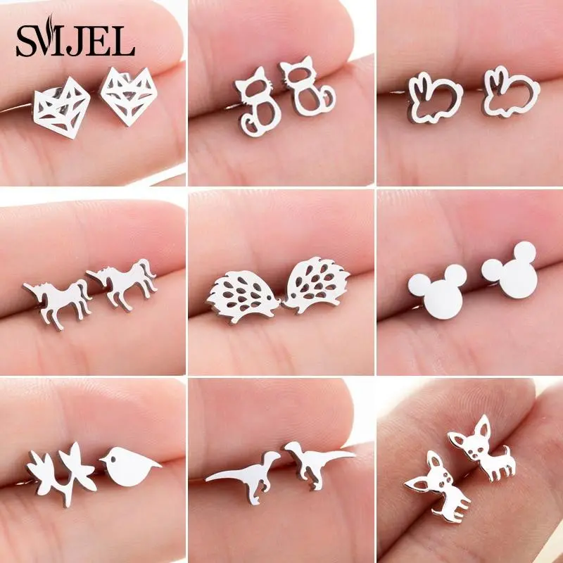 Smjel Stainless Steel Mickey Stud Earrings For Women Girls Minimalist Fox Cat Hedgehog Earings Jewelry Animal Accessories Gifts 1