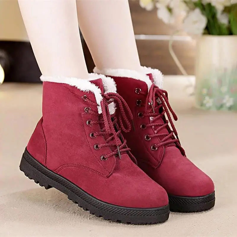 Snow Boots 2019 Warm Fur Plush Insole Women Winter Boots Square Heels Flock Ankle Boots Women Shoes Lace-Up Winter Shoes Woman 1