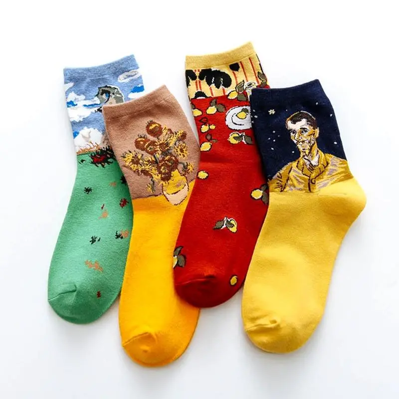 Street Fashion Van Gogh Sunflower Funny Winter Retro Oil Paint Female Cotton Socks Warm Short Art Abstract Happy Women Socks 1