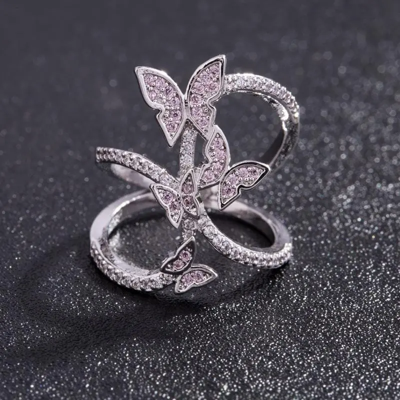 Suephil New 2019 Women Rings Butterfly Light Pink Crystal Zircon Wings Ring For Women Trendy Jewelry Rings 1
