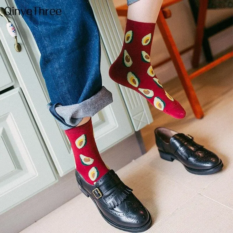 Summer Korean Happy Fruits Socks Lemon Avocado Pineapple Cherry Blueberry Orange Gardenias Banana Leaves Printed Unisex Sox 1