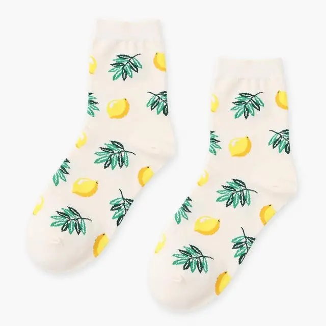 Summer Korean Happy Fruits Socks Lemon Avocado Pineapple Cherry Blueberry Orange Gardenias Banana Leaves Printed Unisex Sox 10