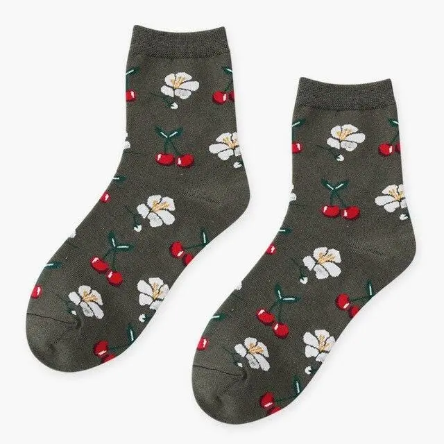 Summer Korean Happy Fruits Socks Lemon Avocado Pineapple Cherry Blueberry Orange Gardenias Banana Leaves Printed Unisex Sox 10
