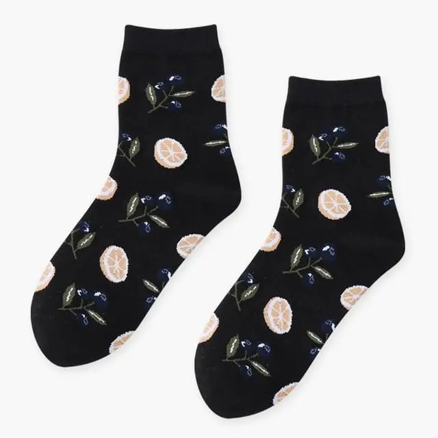 Summer Korean Happy Fruits Socks Lemon Avocado Pineapple Cherry Blueberry Orange Gardenias Banana Leaves Printed Unisex Sox 11