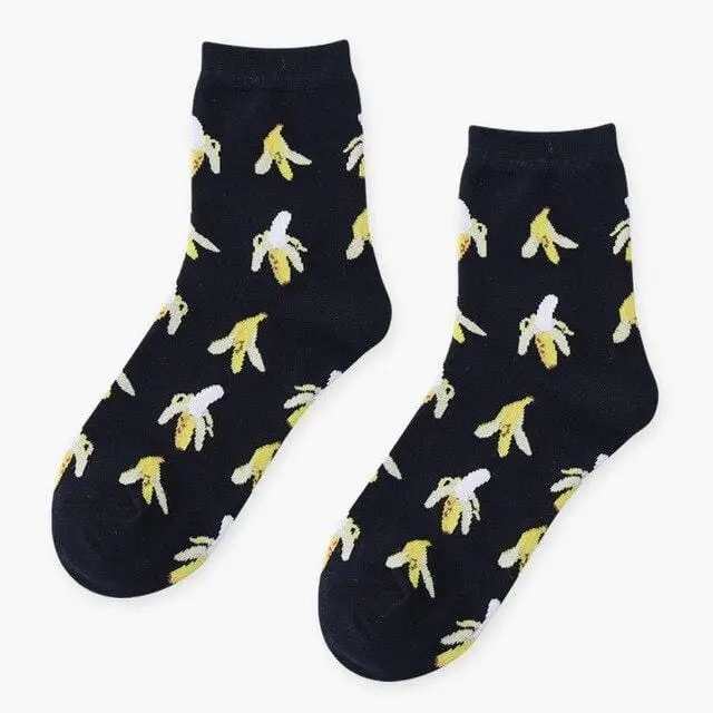 Summer Korean Happy Fruits Socks Lemon Avocado Pineapple Cherry Blueberry Orange Gardenias Banana Leaves Printed Unisex Sox 12