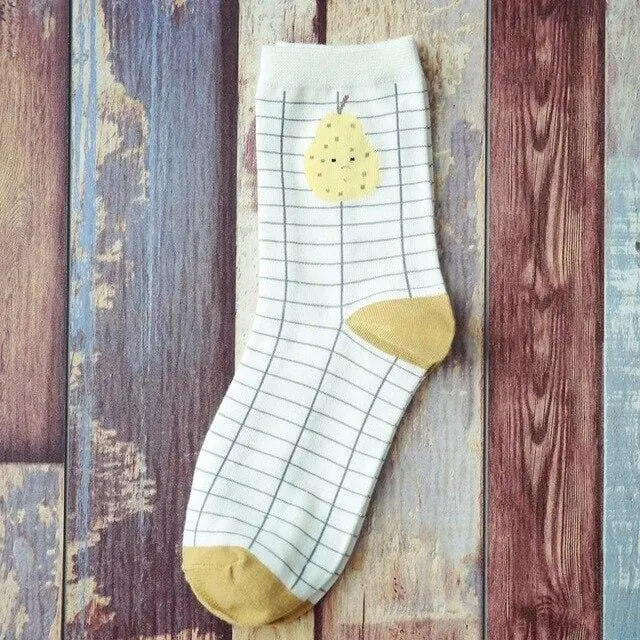 Summer Korean Happy Fruits Socks Lemon Avocado Pineapple Cherry Blueberry Orange Gardenias Banana Leaves Printed Unisex Sox 13