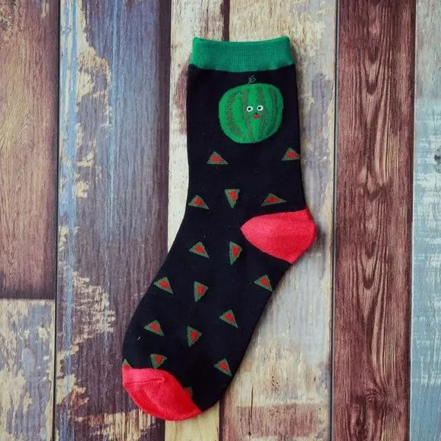 Summer Korean Happy Fruits Socks Lemon Avocado Pineapple Cherry Blueberry Orange Gardenias Banana Leaves Printed Unisex Sox 14