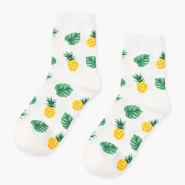 Summer Korean Happy Fruits Socks Lemon Avocado Pineapple Cherry Blueberry Orange Gardenias Banana Leaves Printed Unisex Sox 14
