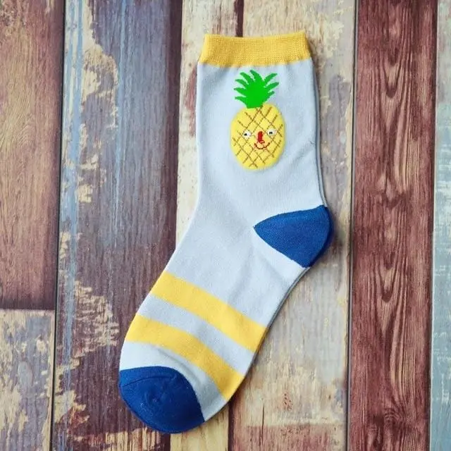 Summer Korean Happy Fruits Socks Lemon Avocado Pineapple Cherry Blueberry Orange Gardenias Banana Leaves Printed Unisex Sox 6