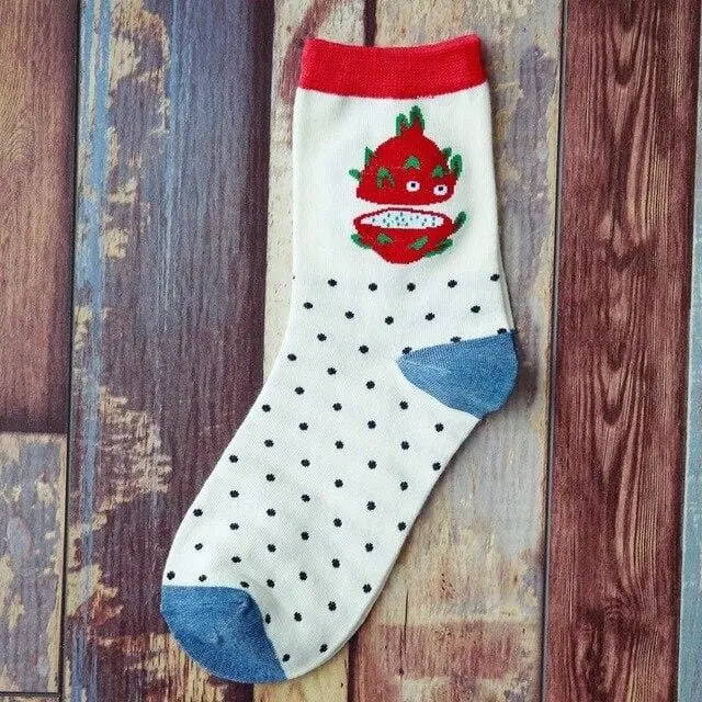 Summer Korean Happy Fruits Socks Lemon Avocado Pineapple Cherry Blueberry Orange Gardenias Banana Leaves Printed Unisex Sox 7