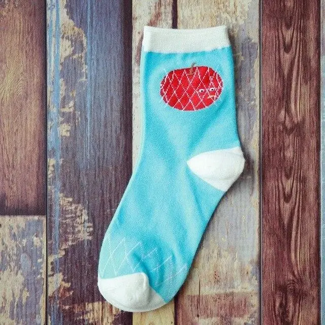 Summer Korean Happy Fruits Socks Lemon Avocado Pineapple Cherry Blueberry Orange Gardenias Banana Leaves Printed Unisex Sox 8