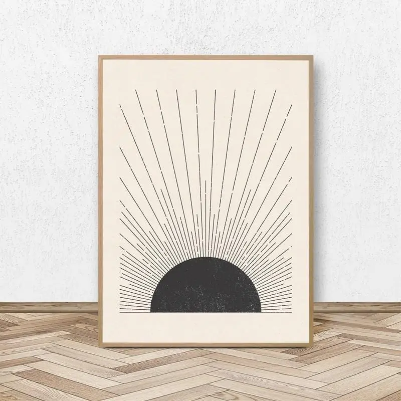 Sun Illustration Mid Century Modern Block Print Neutral Colors Style Poster Canvas Painting Wall Picture Living Room Home Decor 1