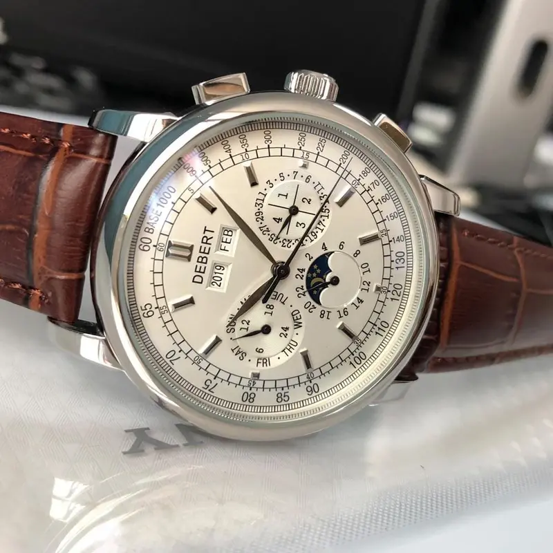 Top Brand 42Mm Debert Mechanical Wristwatches Moon Phase White Dial Silver Year Day Month Week 316L Ss Case Automatic Watch Men 1